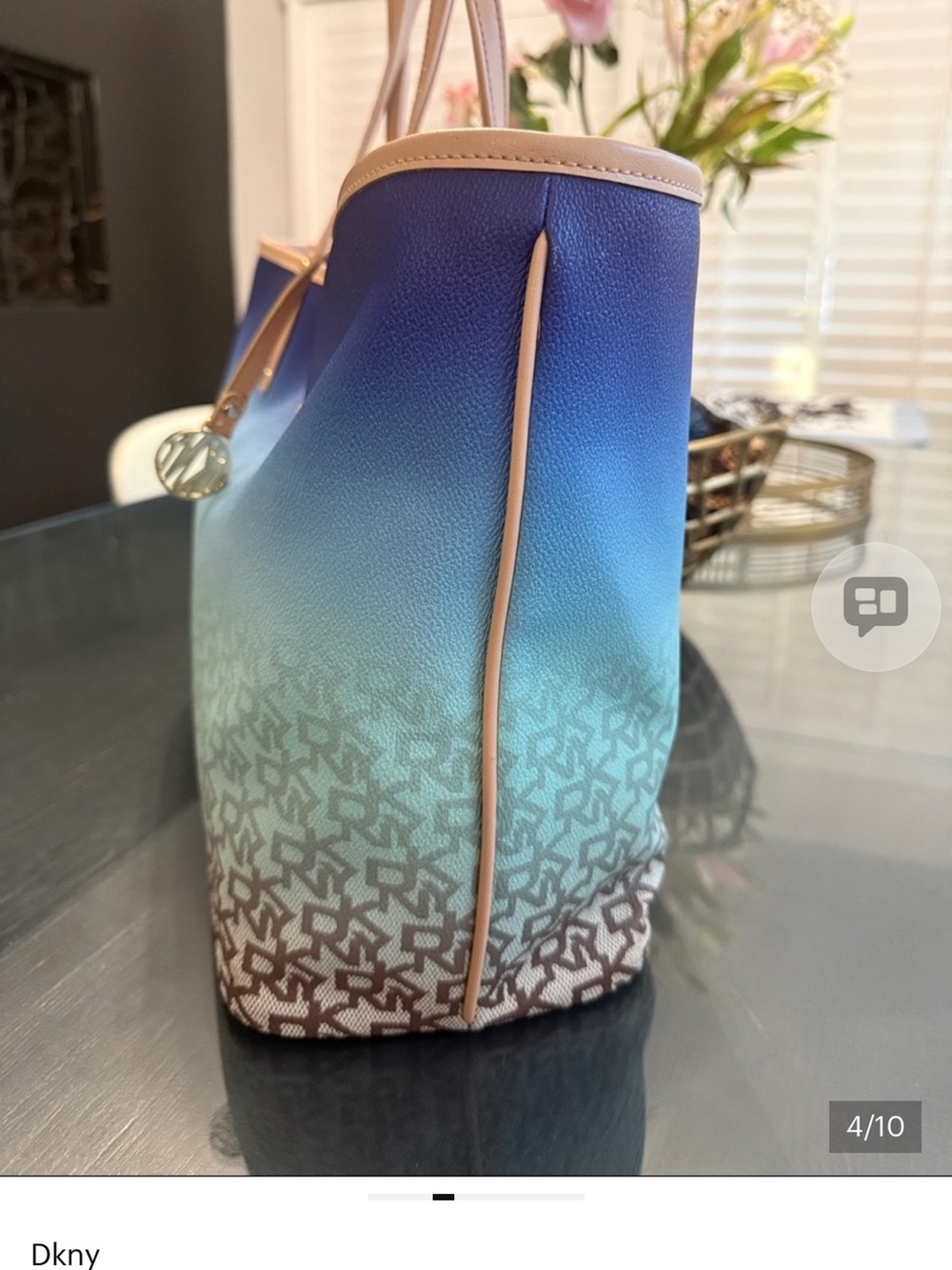 DKNY Blue-to-Teal Gradient Tote with Beige Trim / reversible